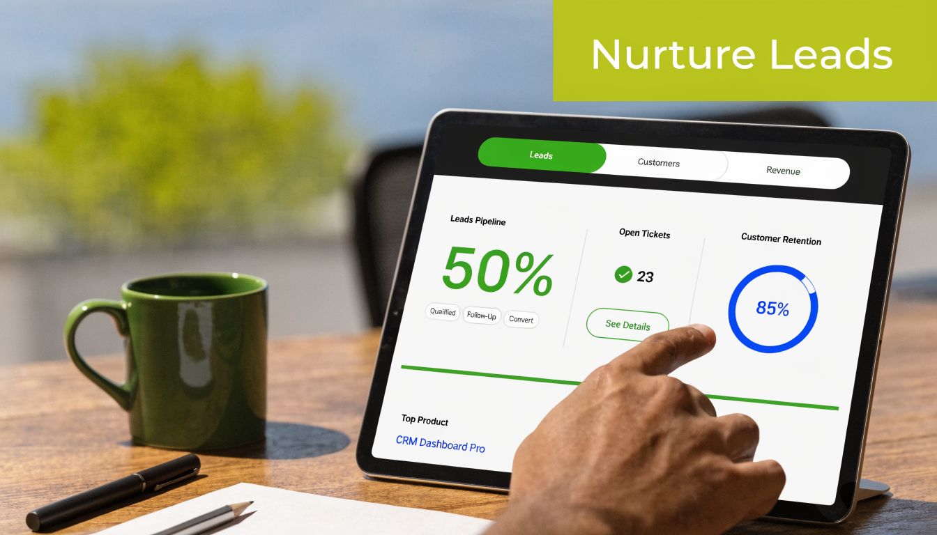 A person using a tablet to view lead management analytics, CRM software, and customer retention data metrics.