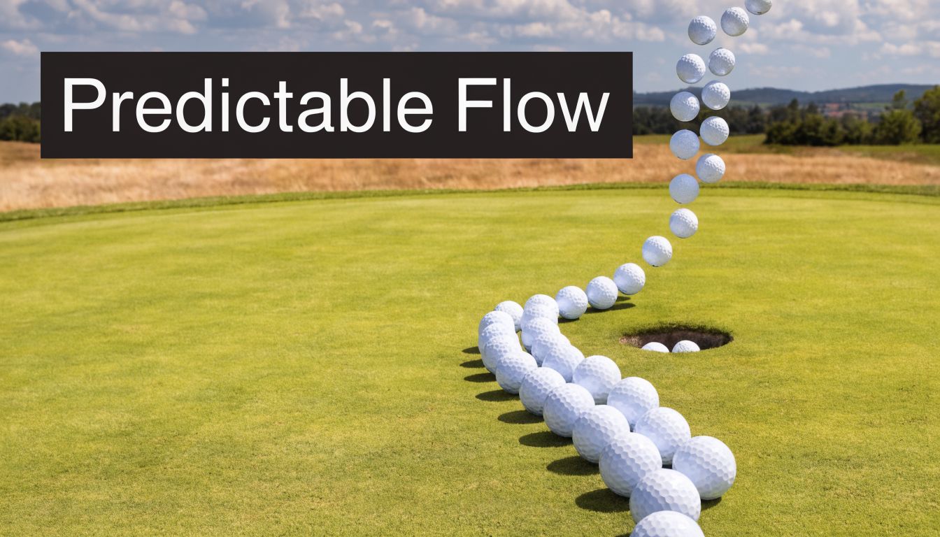 A sequence of white golf balls following a path leading directly into a hole on a green.