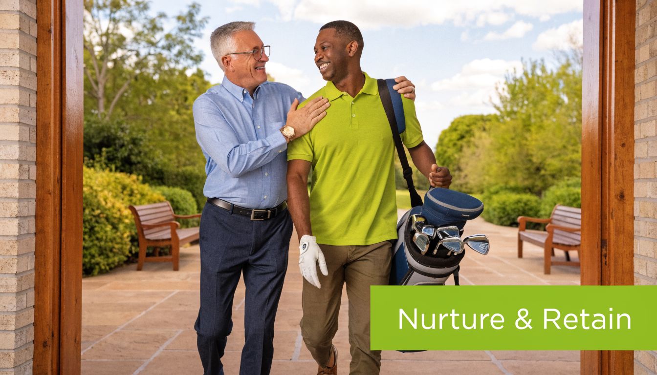 A friendly older man and a younger man walking together while carrying golf bags outdoors.