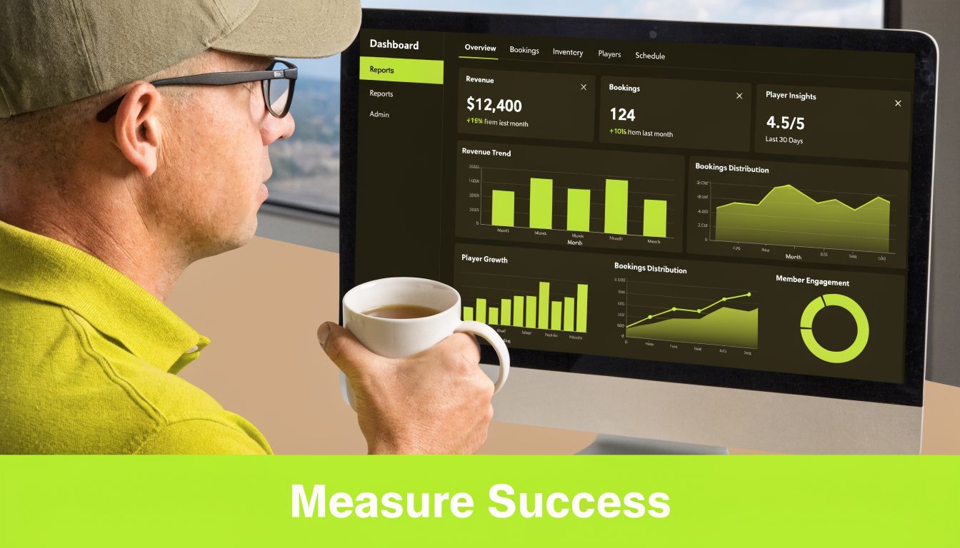 A man in a green shirt and baseball cap looking at a business dashboard on a computer screen.
