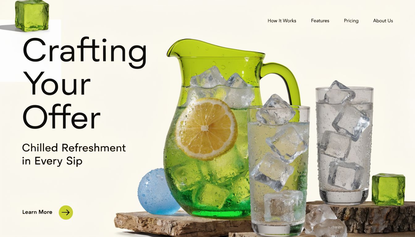 A glass pitcher and two glasses filled with ice and lemon drink on a wooden rustic surface.