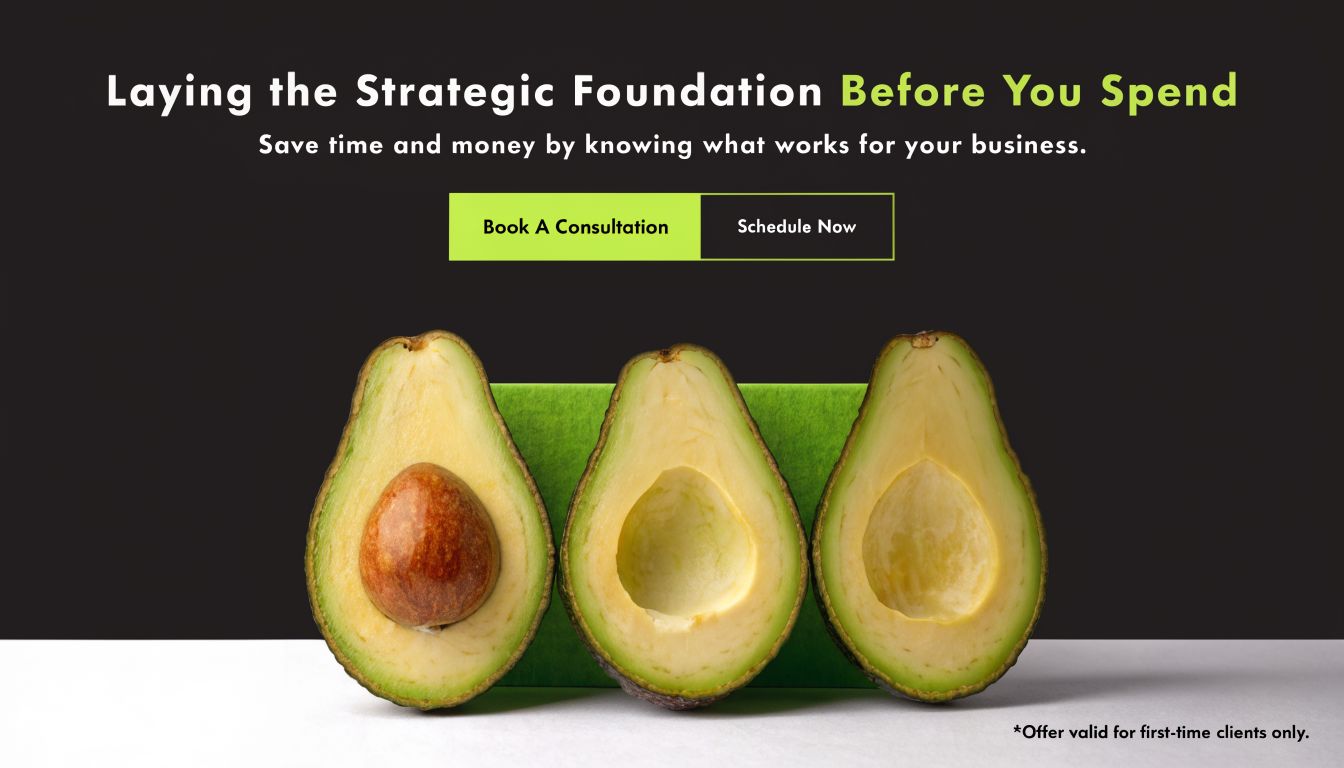 Three halved avocados arranged in a row against a black and white background for advertising.