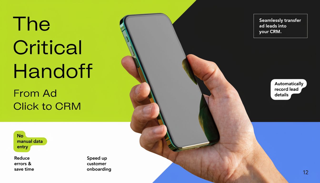 A smartphone held in a hand featuring marketing text about transferring ad leads into a CRM system.