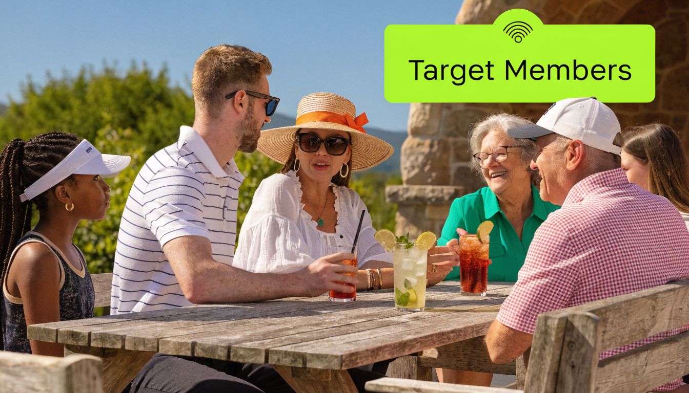 A multigenerational family enjoys cocktails and conversation at an outdoor wooden table in a sunny environment.