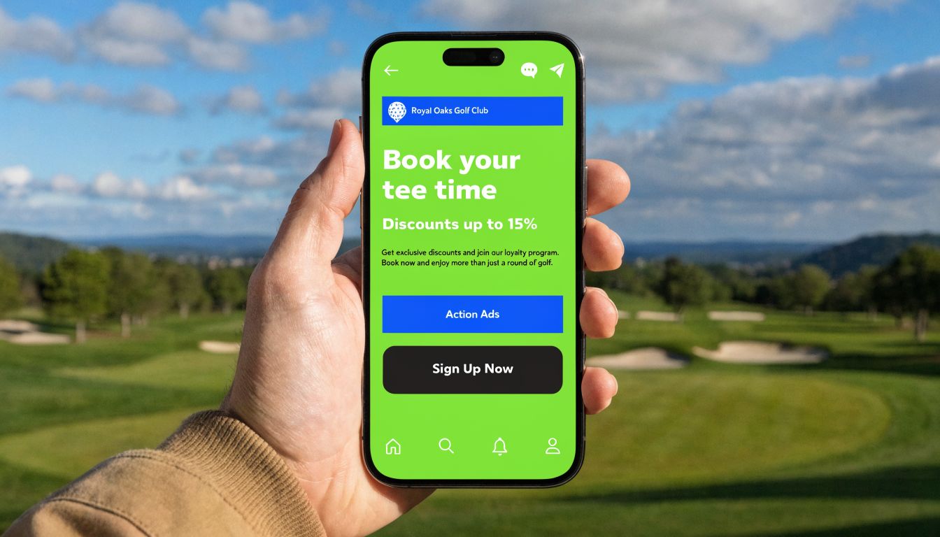 A smartphone held in a hand showing a green-themed Royal Oaks Golf Club tee time booking advertisement.