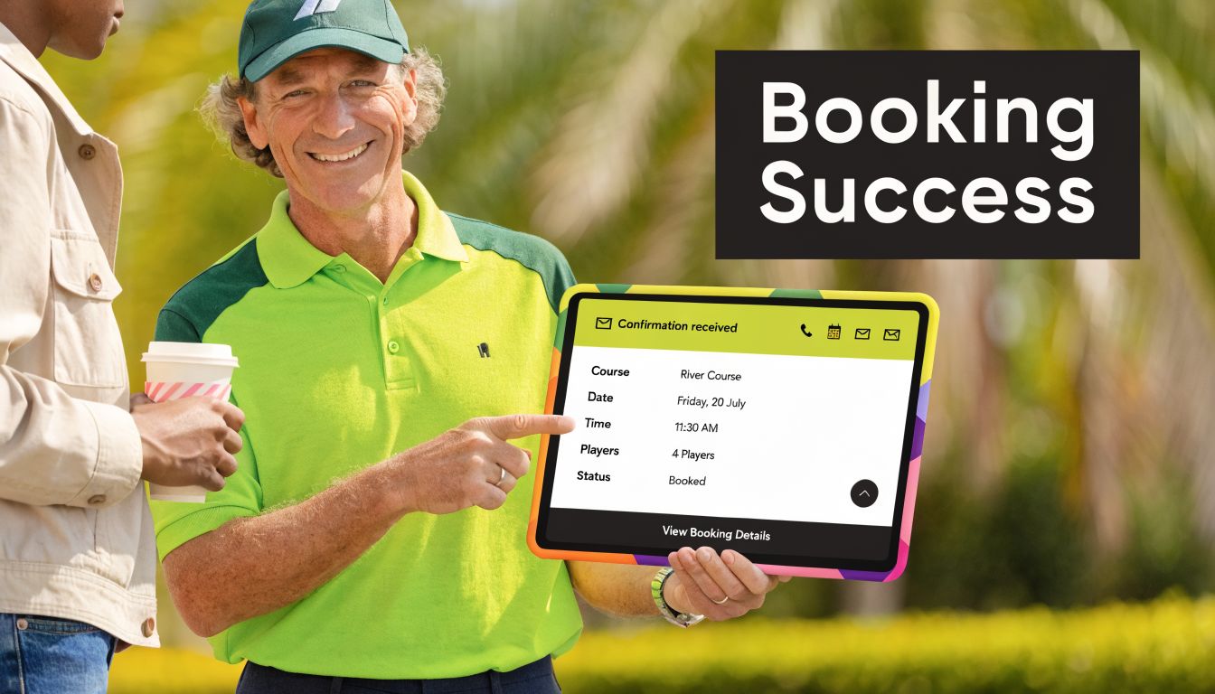 A smiling man showing a tablet screen with successful golf booking details to a person outdoors.