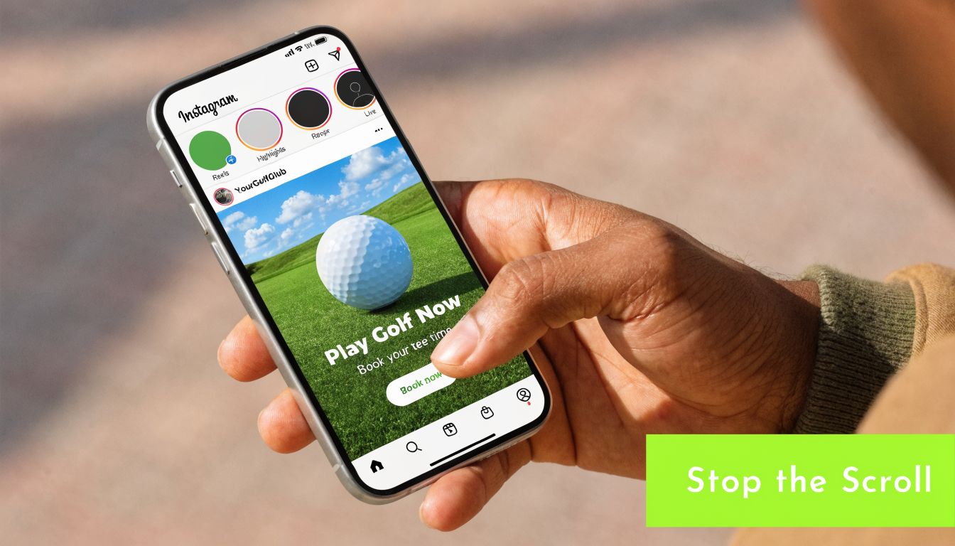 A close up view of a hand holding a smartphone showing an Instagram ad for a golf club.
