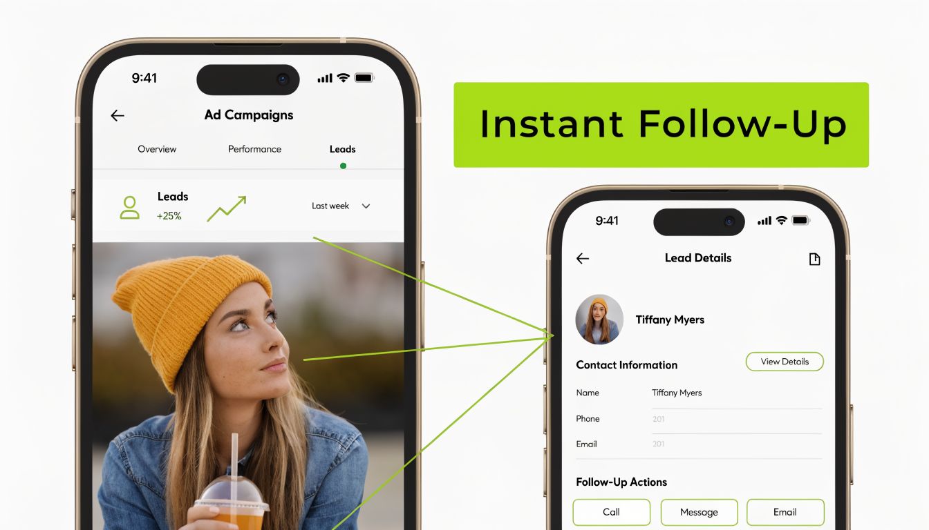 Smartphone screens showing ad campaign lead management and instant follow-up contact details for a potential client.