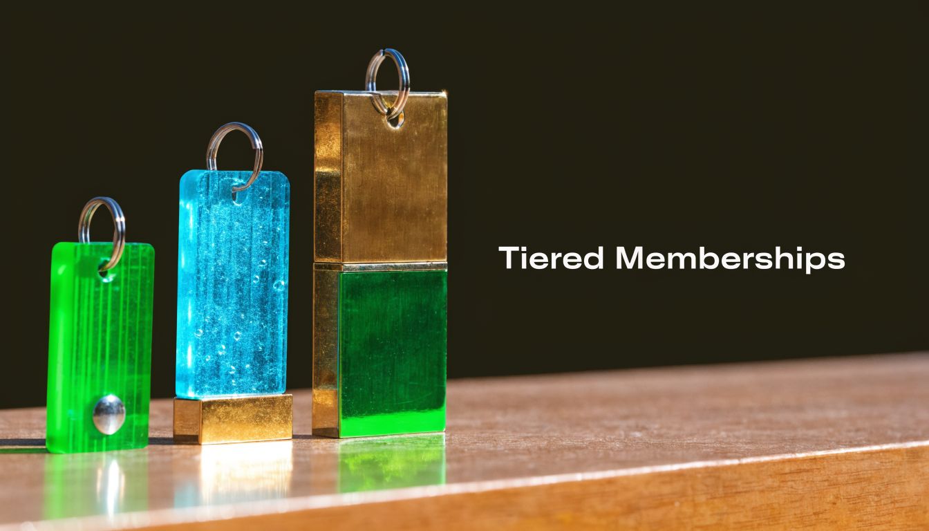 Three varying sizes of acrylic and gold membership key tags standing on a wooden surface.