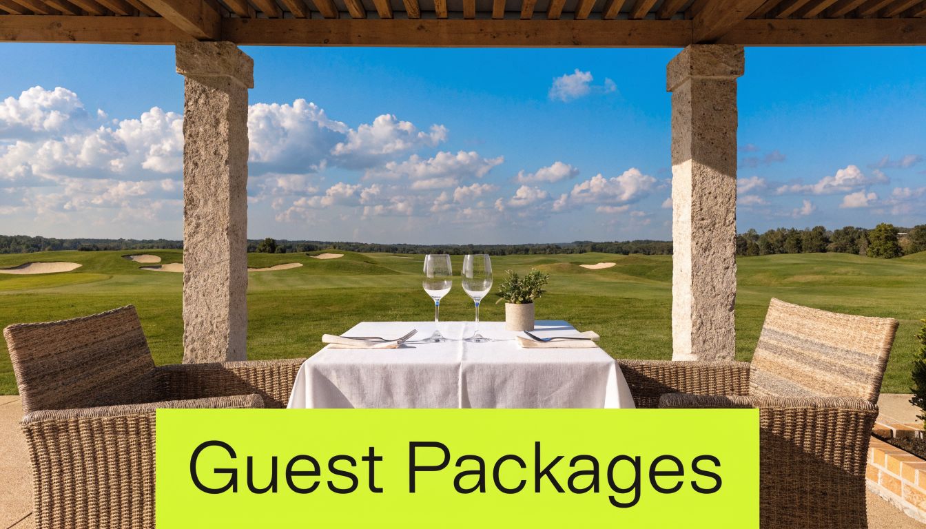 A sophisticated dining table set for two on a terrace overlooking a serene, sunny golf course landscape.
