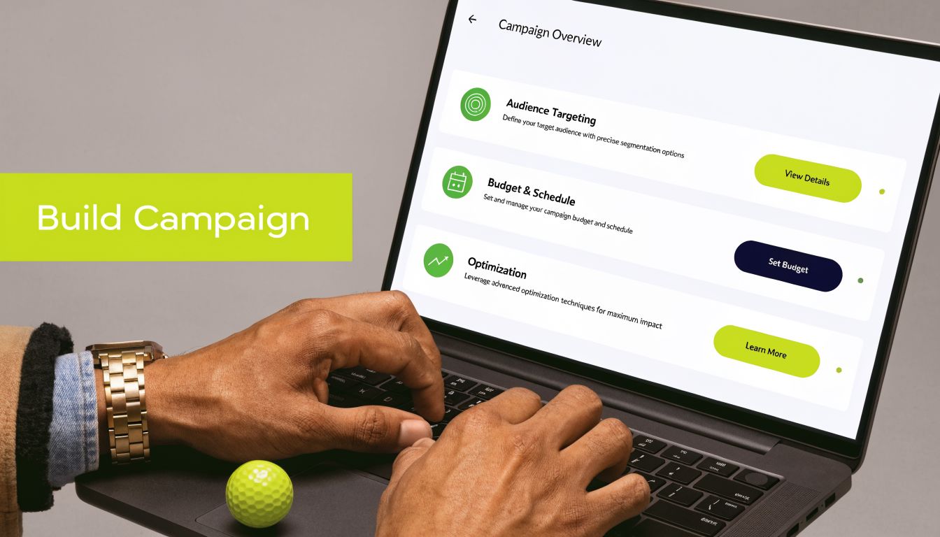A close up view of hands using a laptop to create Meta advertising campaigns for golf clubs.