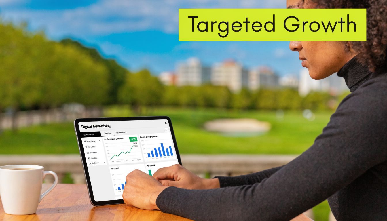 A person using a tablet to monitor digital advertising performance metrics while sitting at a golf club.
