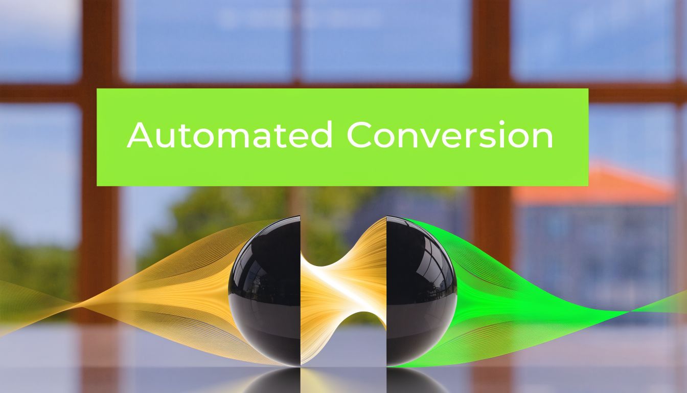 A conceptual graphic illustrating automated conversion featuring two black spheres connected by flowing golden and green digital waves.
