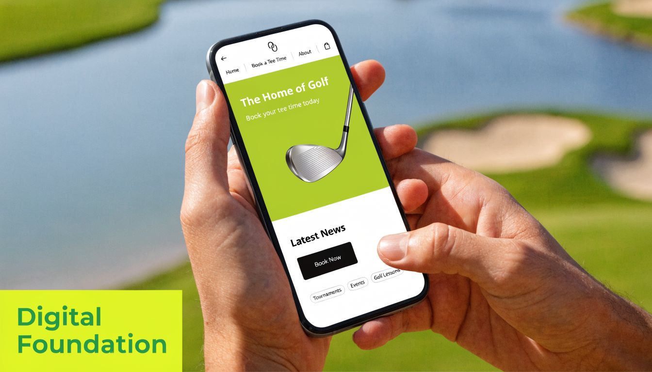 A person holding a smartphone displaying a golf booking website with a green background and golf club.