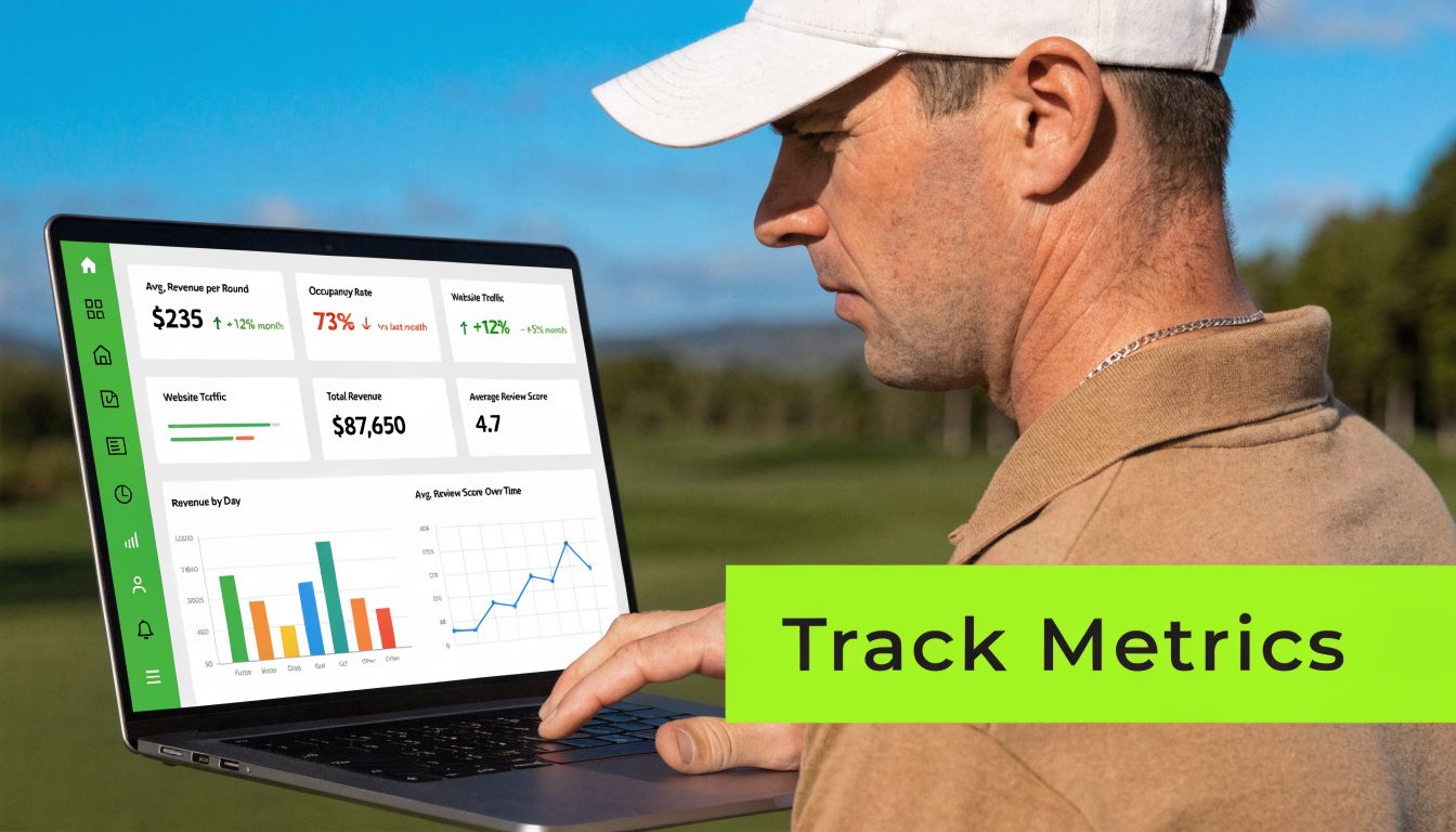 A golfer using a laptop on a course to monitor business metrics and key performance indicators.
