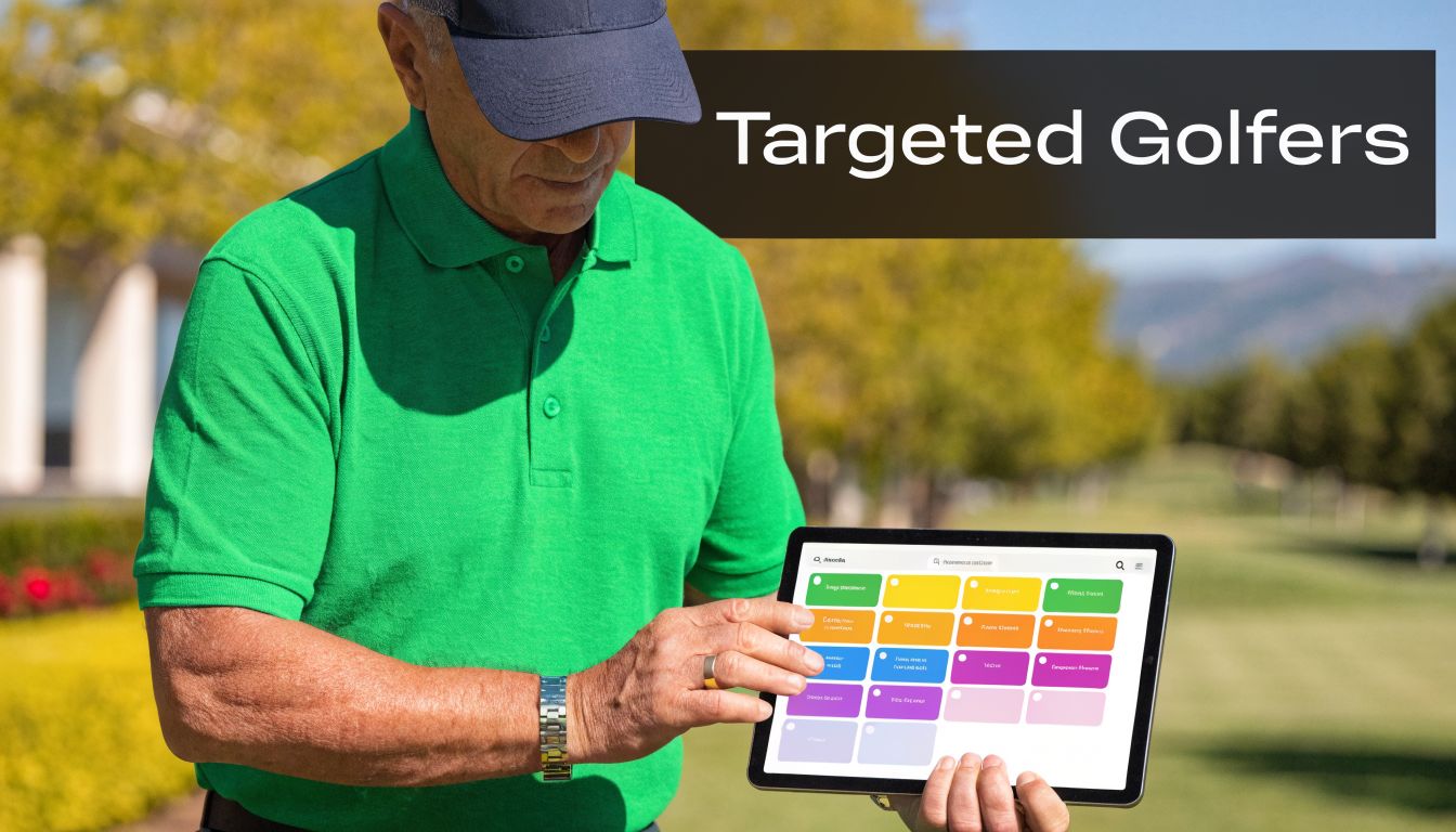 A man in a green golf shirt holds a tablet displaying a colorful digital marketing dashboard.