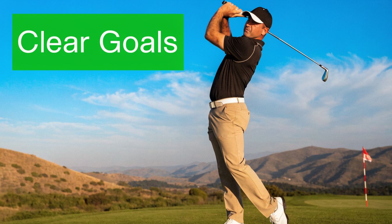 A professional golfer mid-swing on a golf course with the text Clear Goals overlaid on image.
