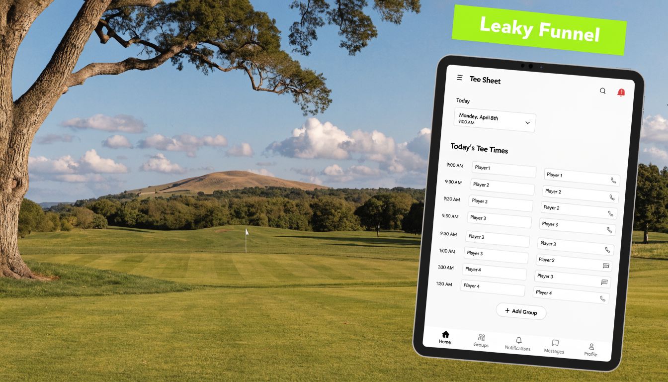 Digital tablet displaying a tee sheet schedule against a beautiful, sunny golf course background.