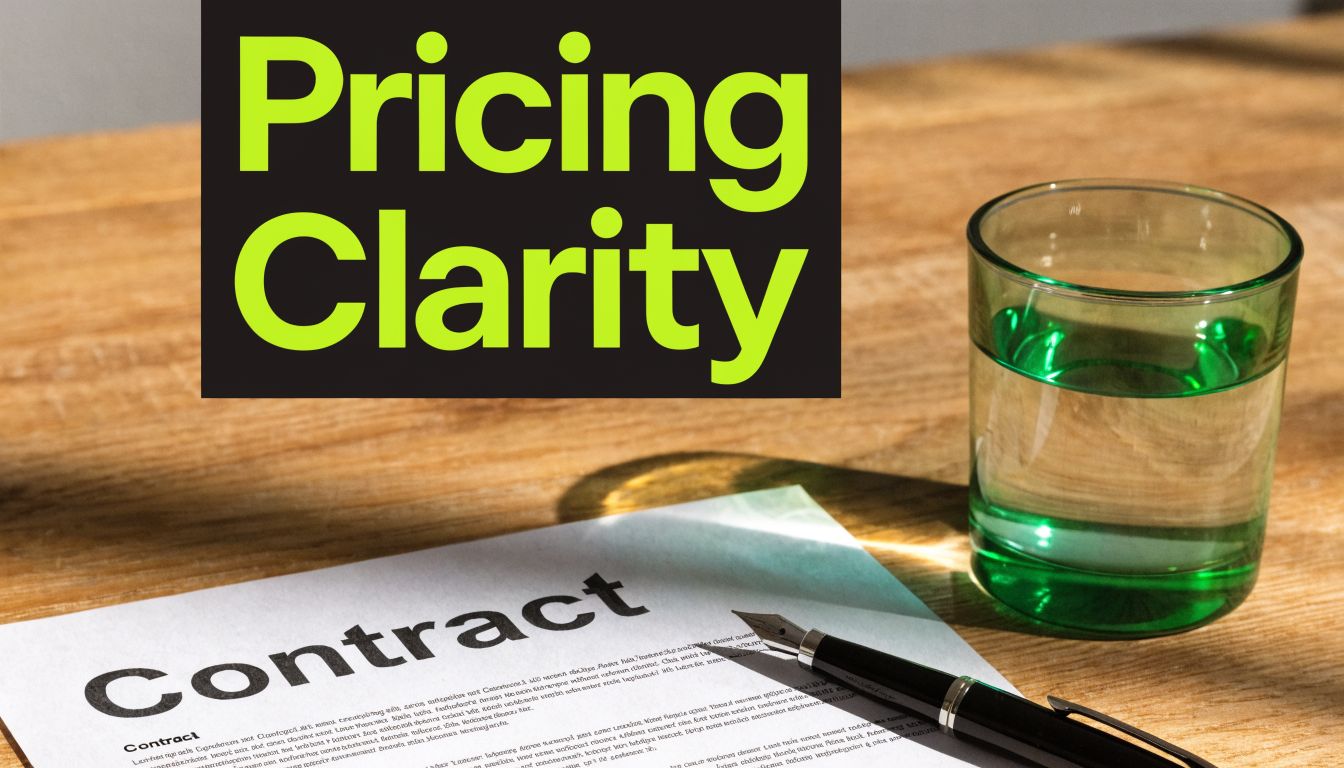A contract on a wooden table with a fountain pen and a glass of green water.