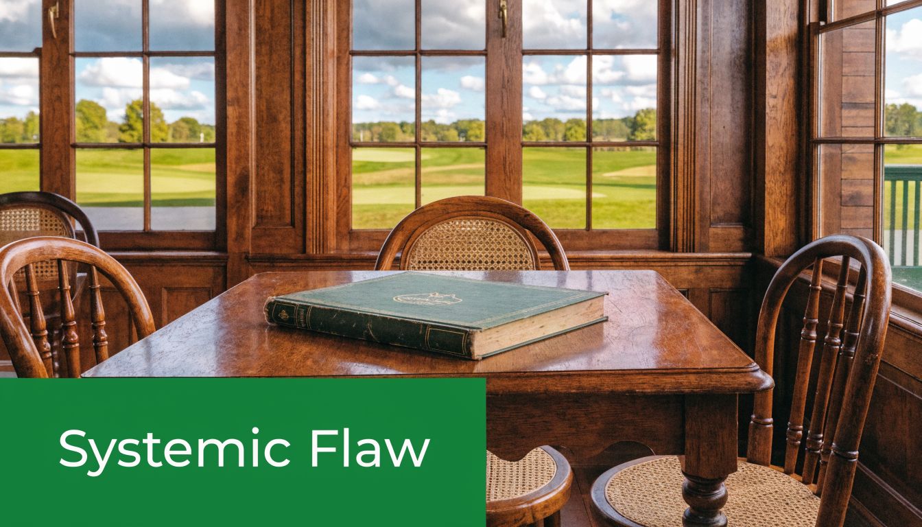 A green book sits on a wooden table inside a clubhouse overlooking a golf course.