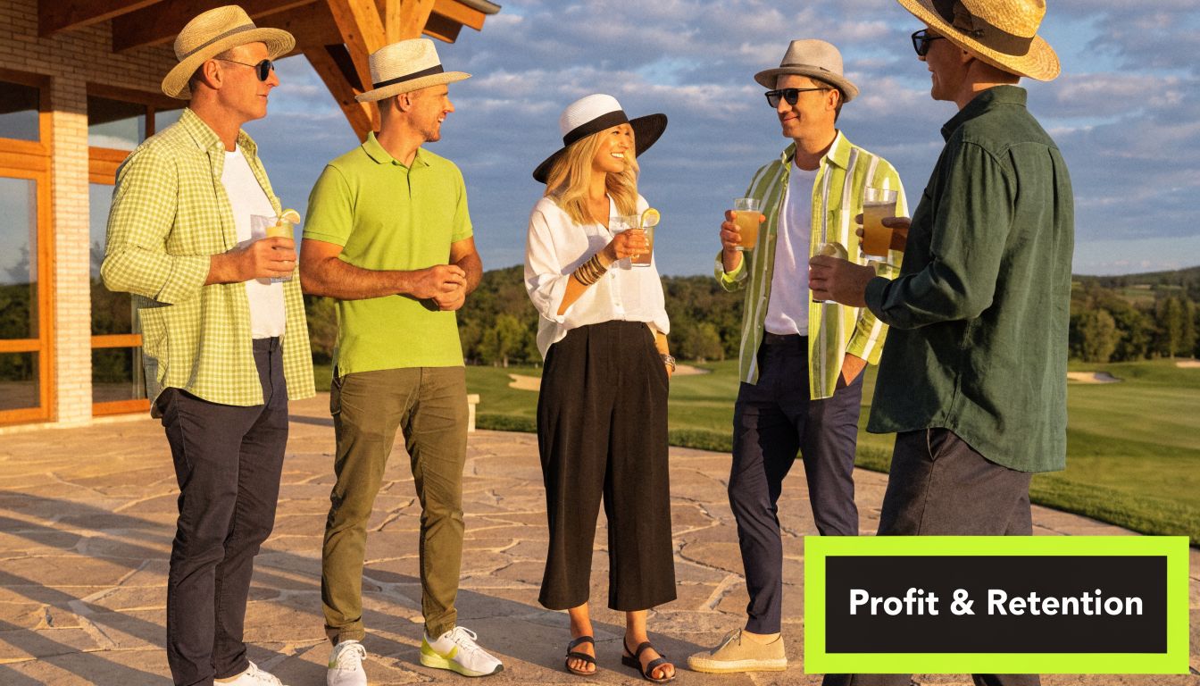 A group of friends enjoying drinks on a sunny patio overlooking a golf course at sunset.
