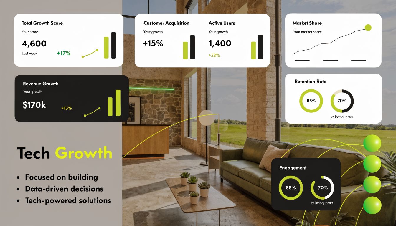 A digital dashboard displaying various business growth metrics including total growth, revenue, customer acquisition, and engagement.