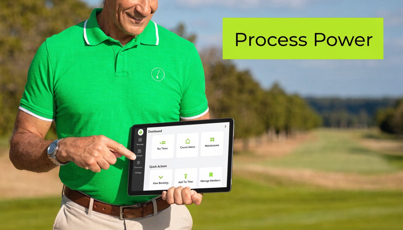 A man in a green golf shirt displays a tablet with a golf management dashboard interface.