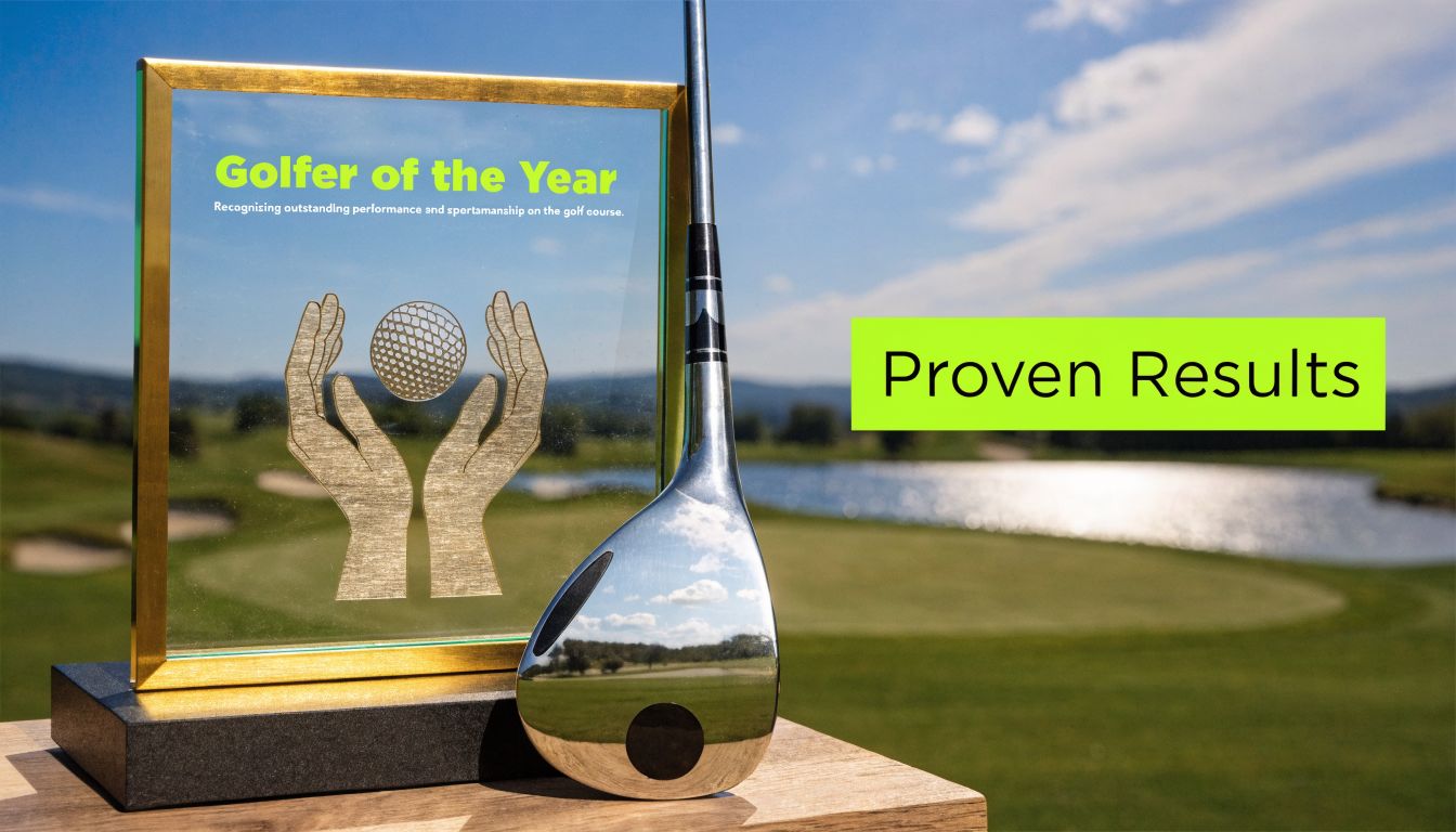A trophy award for Golfer of the Year with a golf club sitting on a wooden podium.