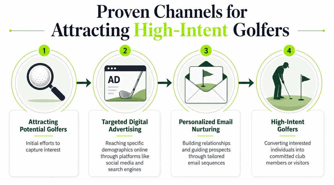 A flow chart showing four steps to attract high-intent golfers through digital marketing and email strategies.