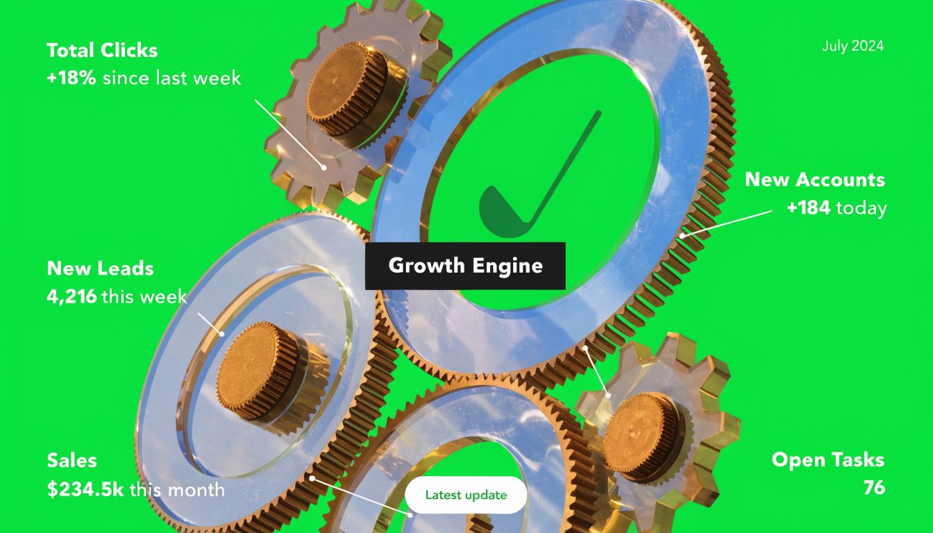 A 3D graphic showing interconnected gears with data metrics for a growth engine dashboard.