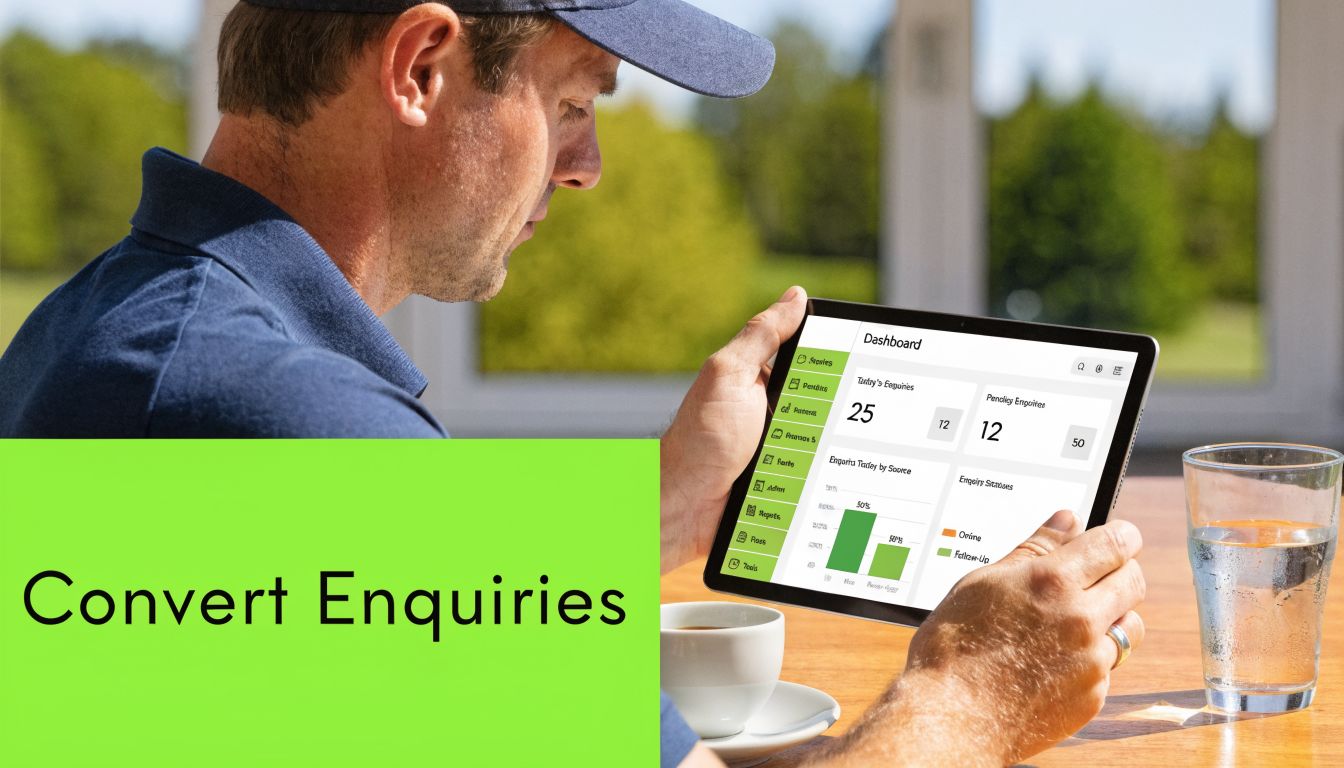 A man in a baseball cap reviewing golf club enquiry data on a digital tablet outdoors.