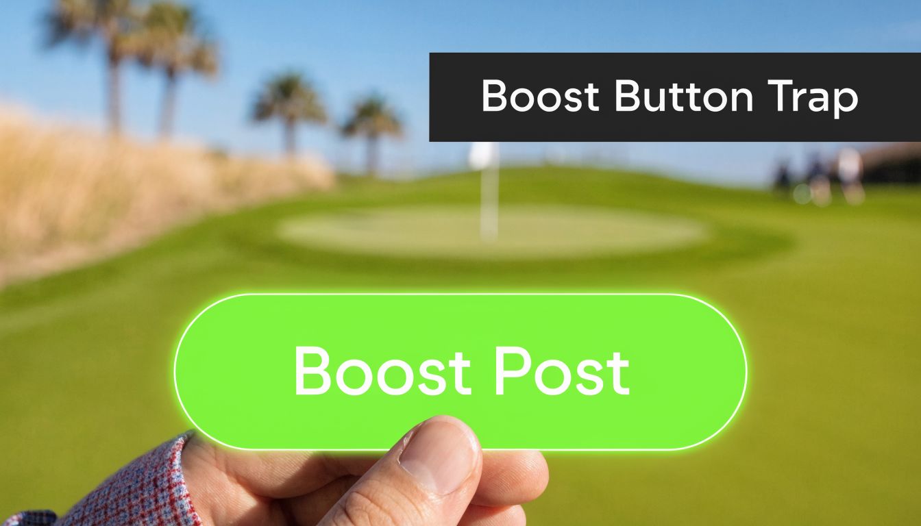 A hand holds a green Boost Post button against a blurry golf course background, representing marketing pitfalls.