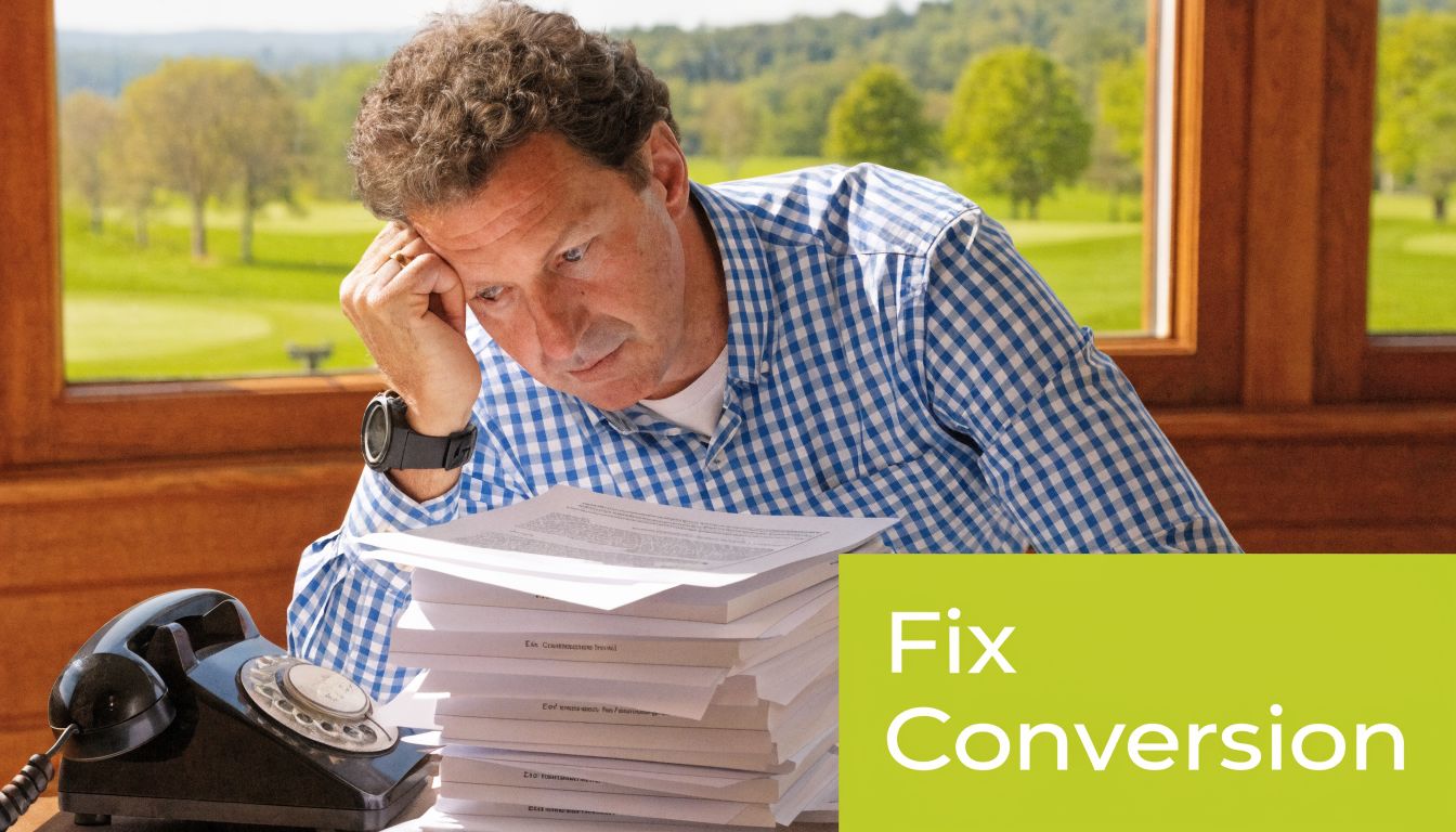 A man in a checkered shirt looking stressed at a stack of documents with a rotary phone.