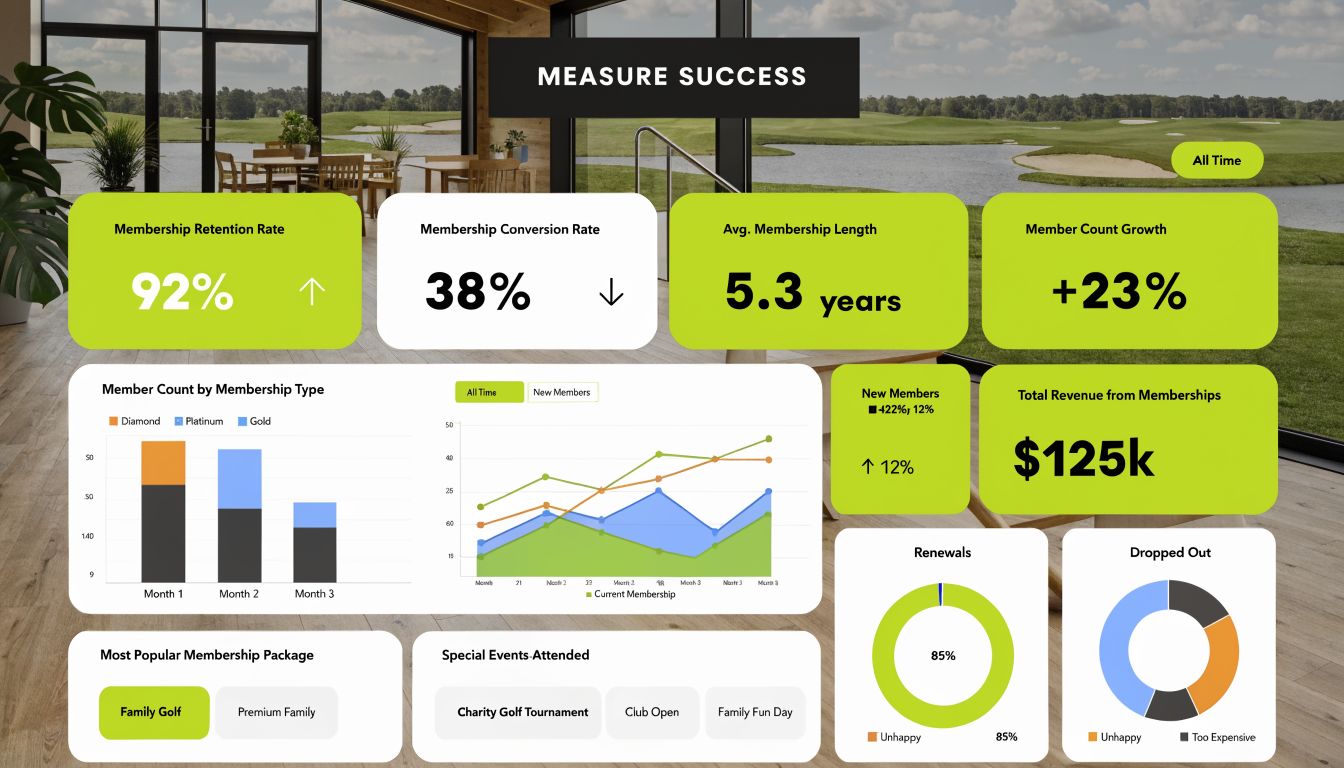 A digital dashboard showing golf club membership metrics including retention, conversion rates, and revenue growth statistics.