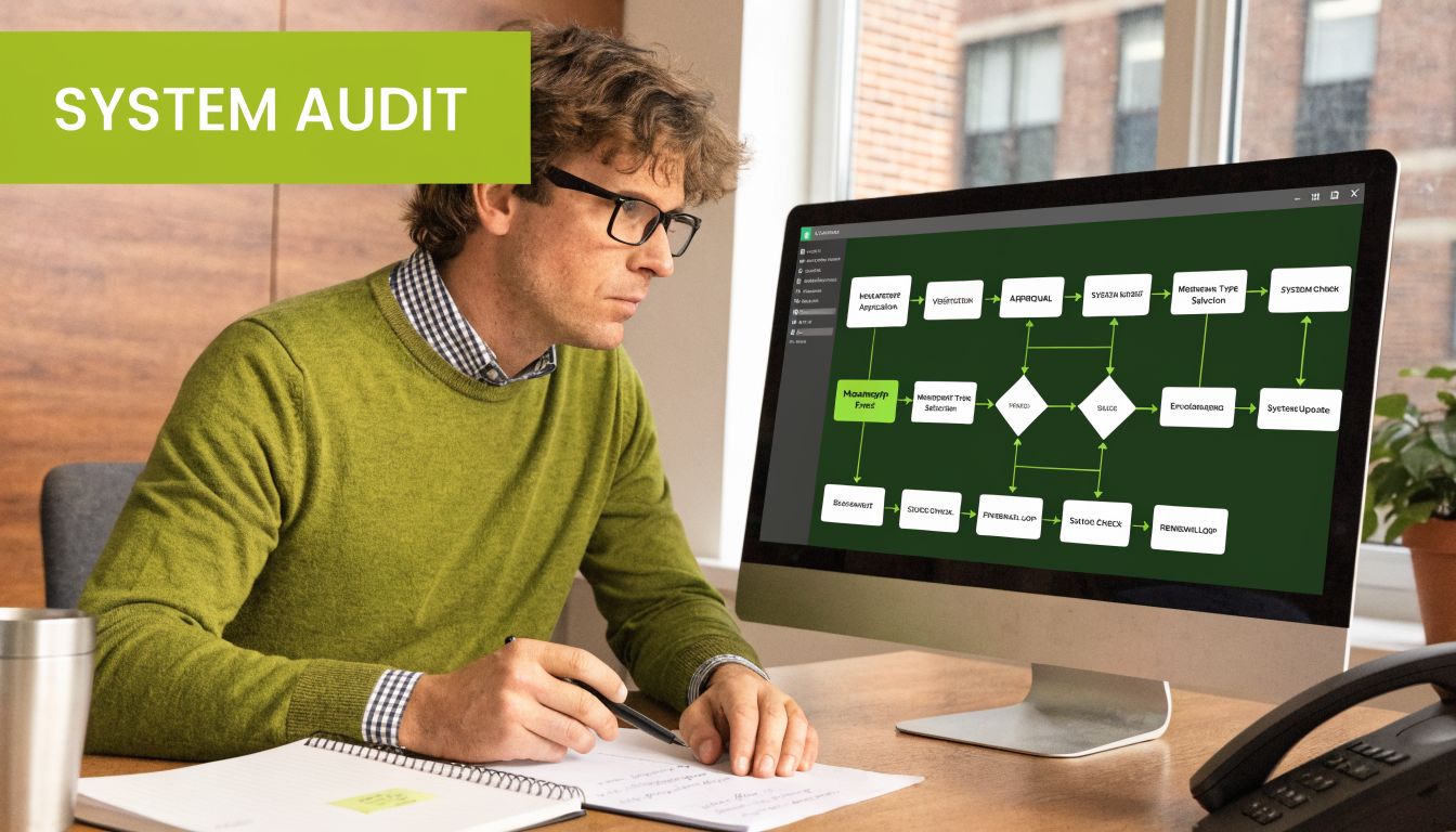 A professional analyzing a flowchart for a system audit on a computer screen at his desk.