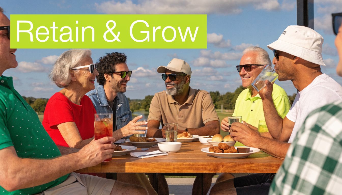 A diverse group of friends enjoying a sunny outdoor lunch while socializing at a golf club patio.