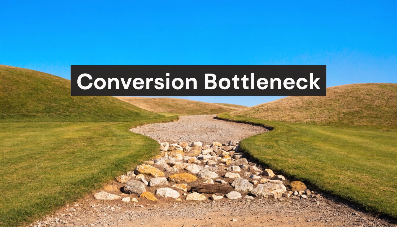 A scenic golf course path featuring a rocky bottleneck representing a challenge for golfers and business growth.