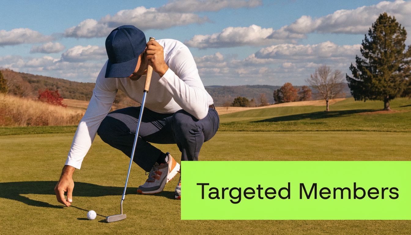 A golfer crouched on a green preparing to putt with a golf ball and club.