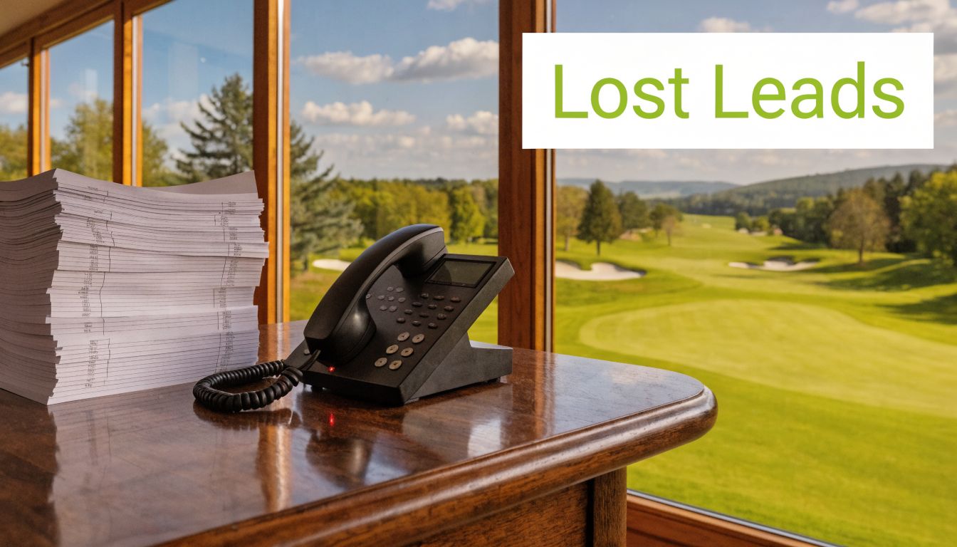 A stack of paperwork next to a desk phone in a room overlooking a scenic golf course.