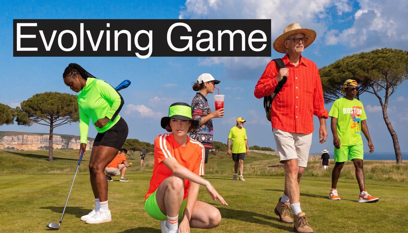 Diverse group of people in colorful activewear enjoying a sunny day on a scenic golf course.