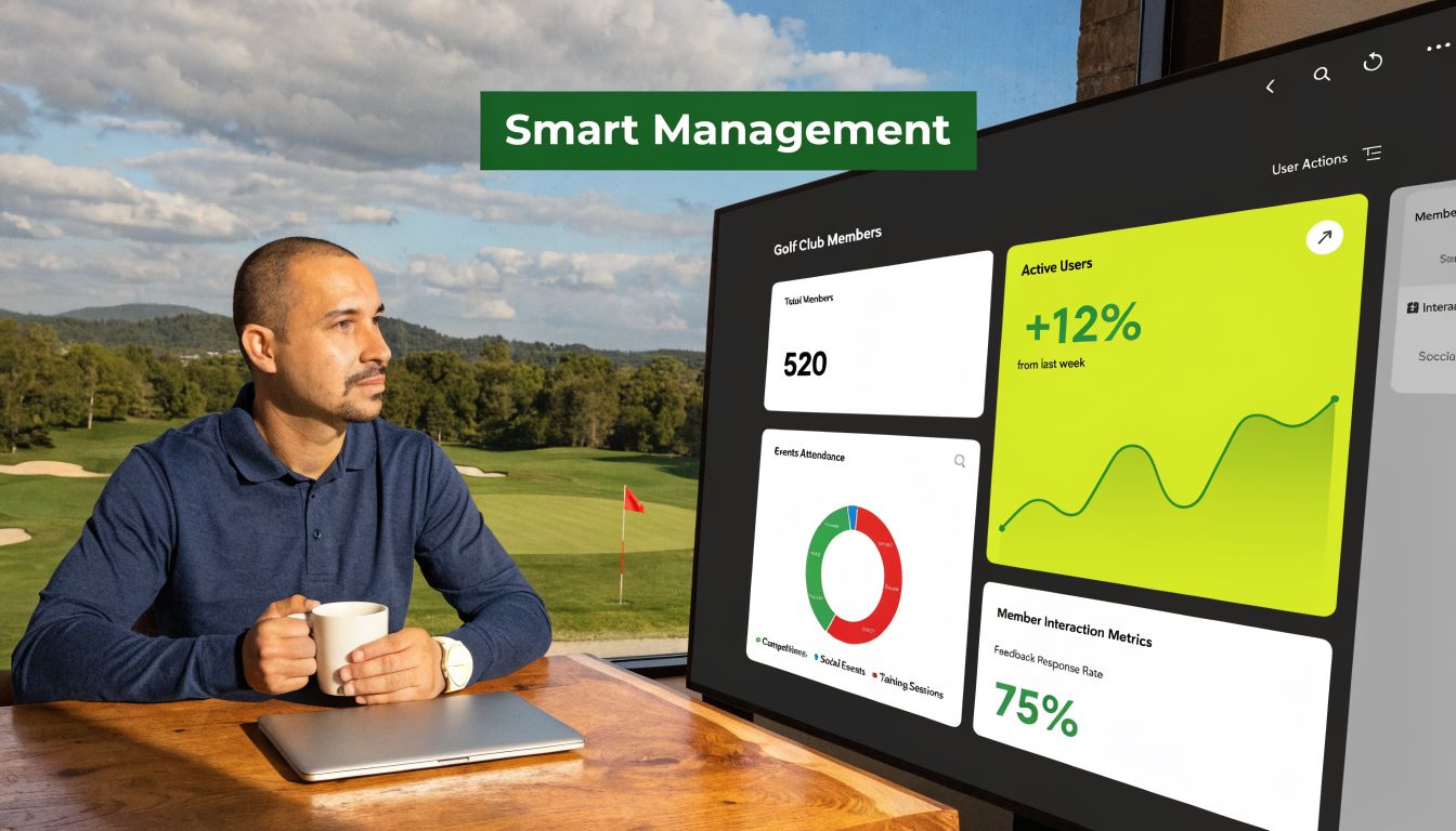 A man sitting by a window overlooking a golf course, viewing digital club management analytics on screen.