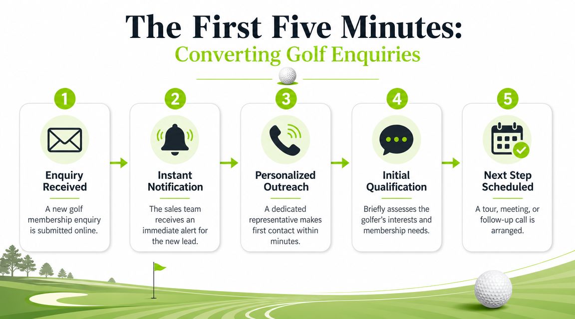 A five-step infographic showing the process for converting golf membership enquiries into scheduled appointments.