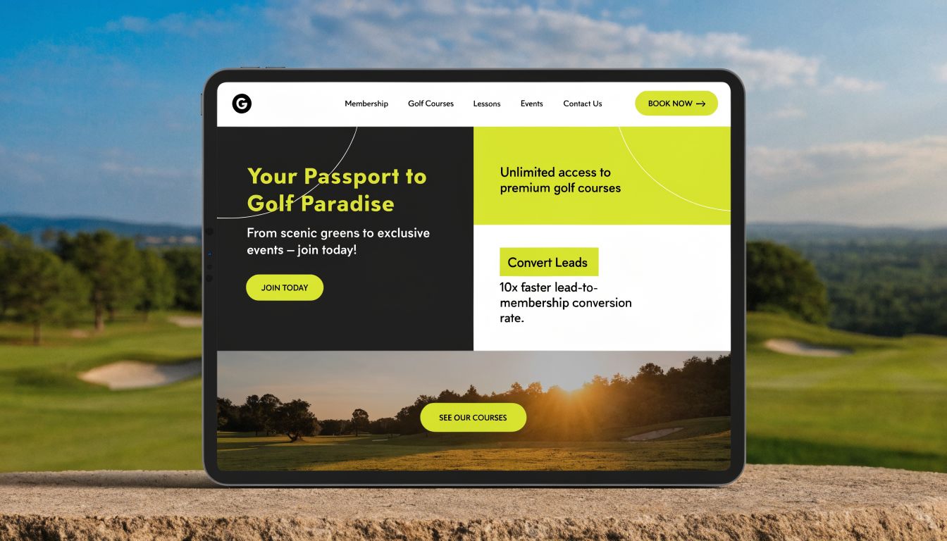 A digital tablet displaying a professional website for a golf membership club with booking options.