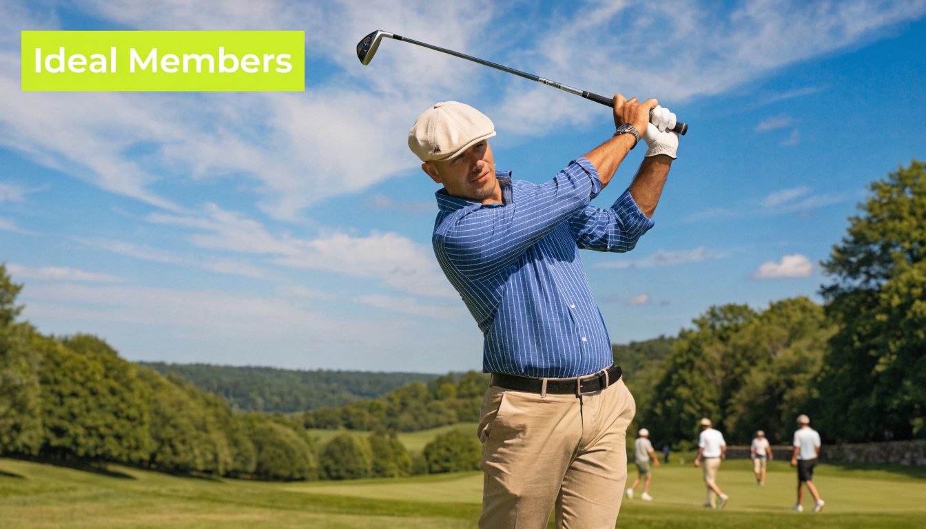 A man in a striped shirt and cap swings a golf club on a sunny golf course.