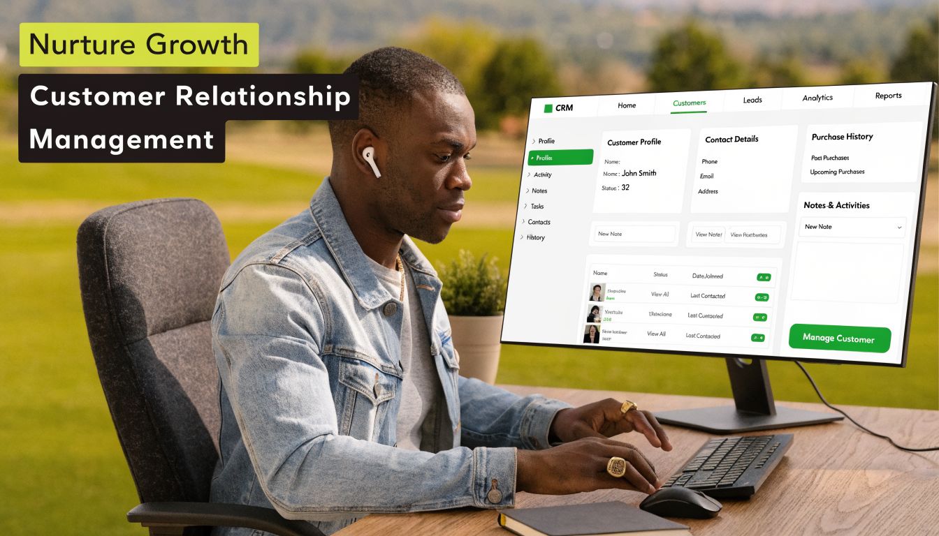 A professional man using a computer outdoors to manage customer relationships with CRM software tools.