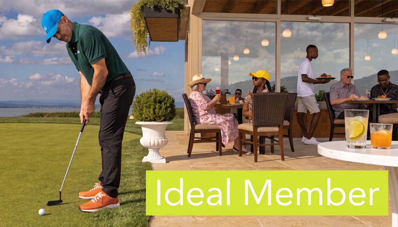 A man playing golf on a green with people dining at a restaurant terrace in the background.
