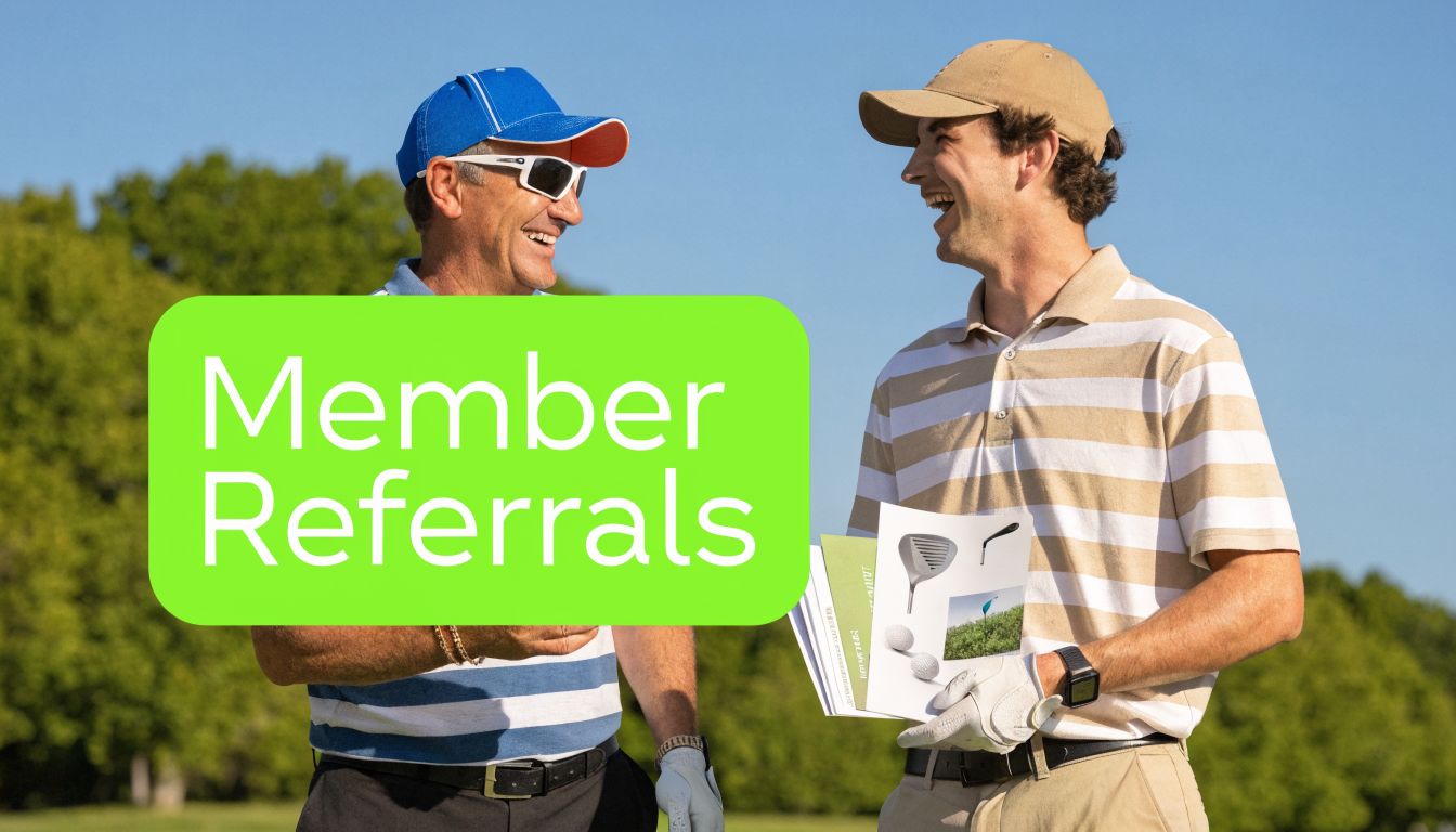 Two male golfers laughing together on a golf course while one holds a promotional flyer about referrals.