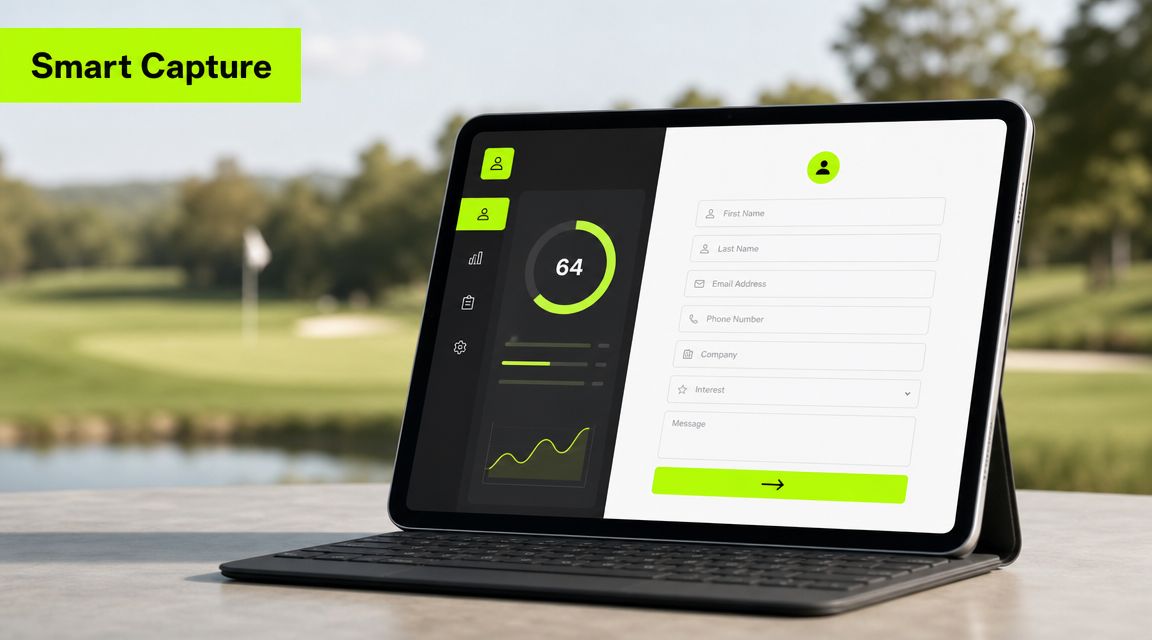 A digital tablet displaying a contact form and performance analytics dashboard set against a golf course background.