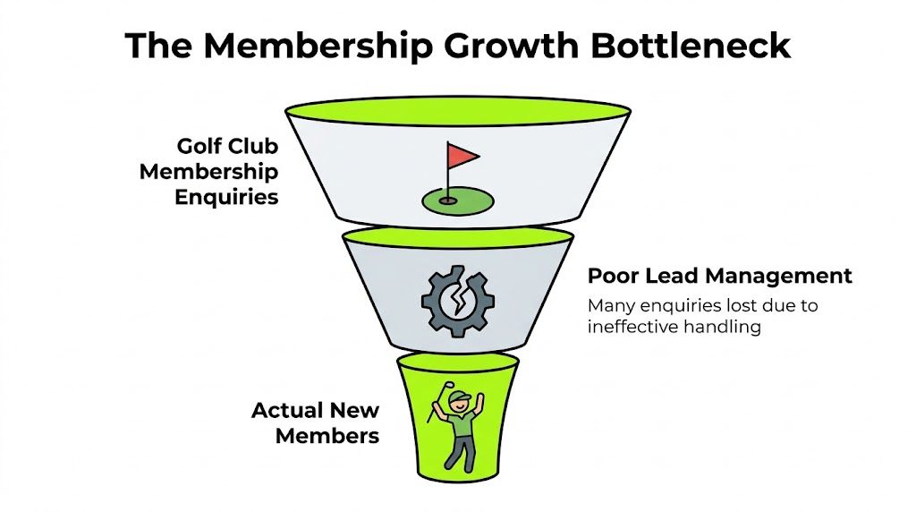 A funnel diagram illustrating how golf club membership enquiries decrease due to poor lead management.