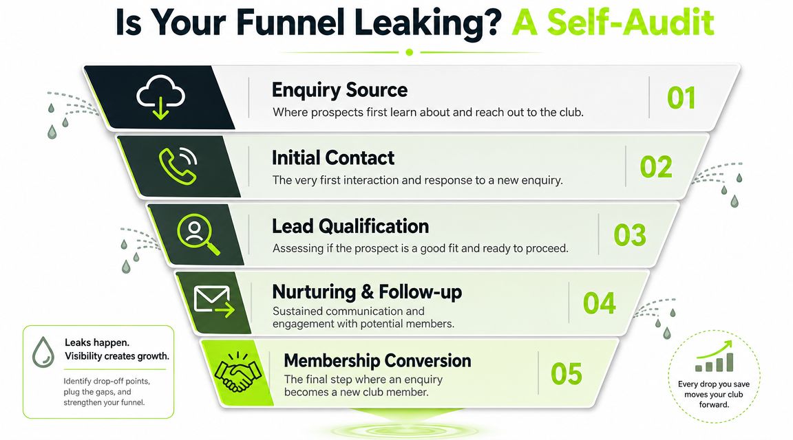 A funnel diagram illustrating five key stages for auditing and improving member acquisition for fitness clubs.
